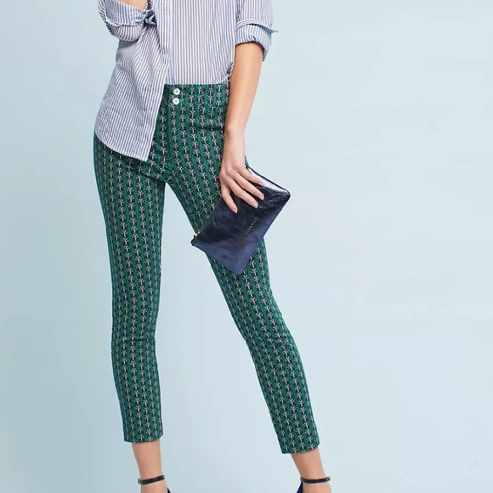 Anthrolpologie The Essential Slim Trousers Size 2 Green Motif‎